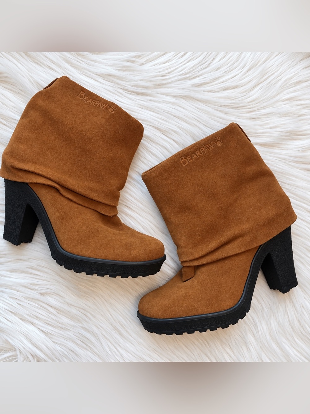 BEARPAW Brown Suede Slouch Boots Chunky Block Heel Lug Sole Y2K